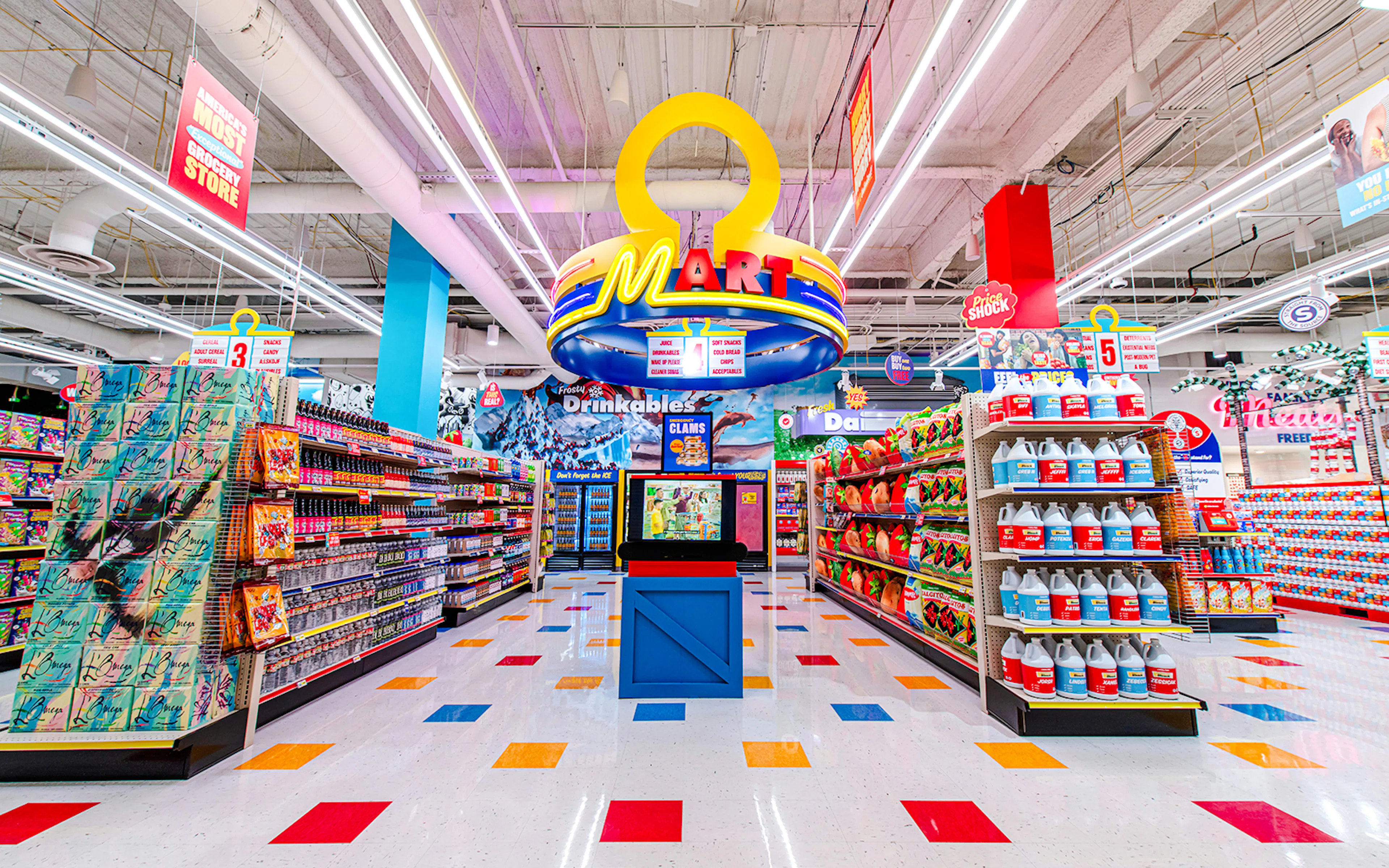 Omega Mart interior with colorful aisles and unique product displays in Las Vegas.