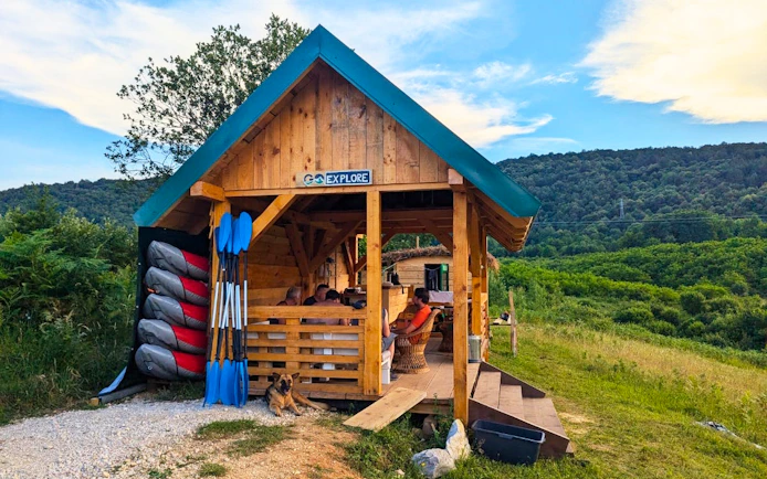 Kayak rental hut with paddles in Mrežnica Canyon, Split.