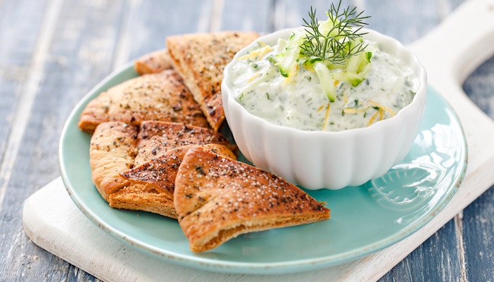 Tzatziki with pita at Delphi Restaurant.