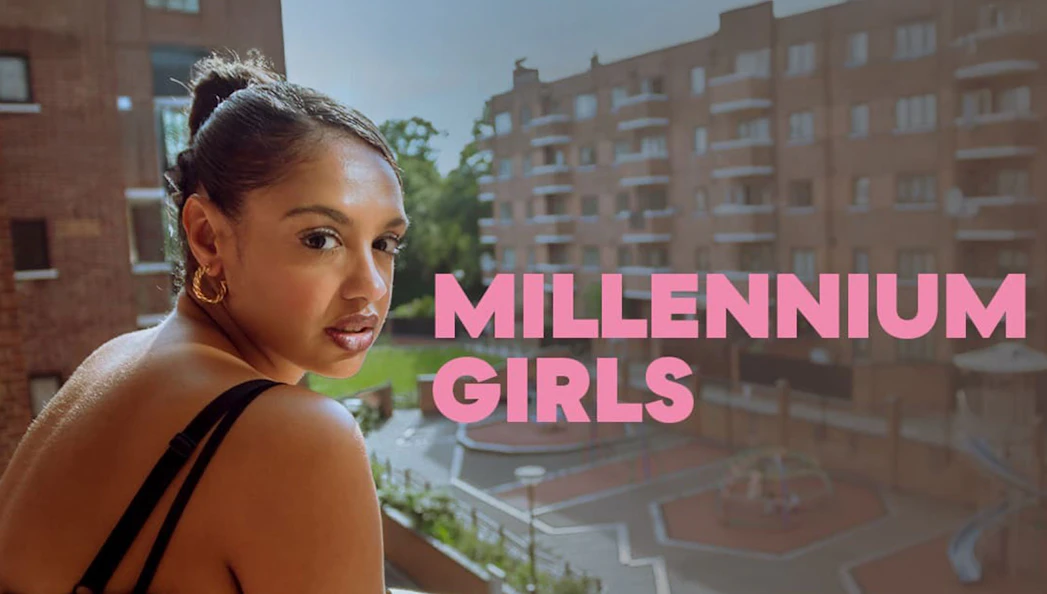 Young woman on a balcony with "Millennium Girls" text, urban background.