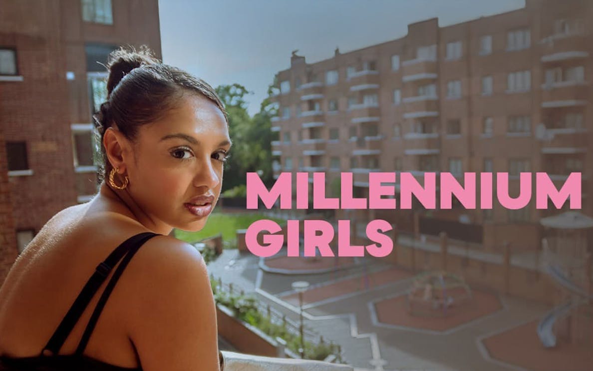 Young woman on a balcony with "Millennium Girls" text, urban background.