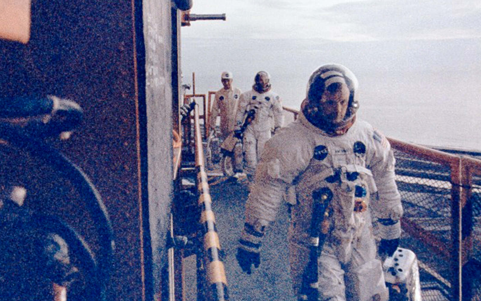 Apollo 11 crew at Launch Complex 39 Pad A before lunar mission.
