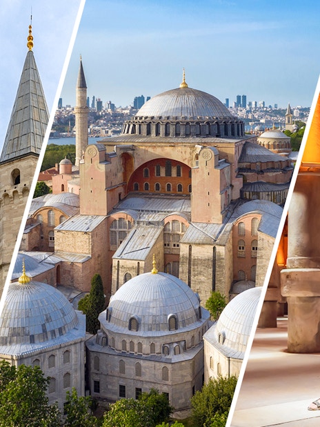 Topkapi Palace entrance, Hagia Sophia dome, and visitor in Basilica Cistern, Istanbul.