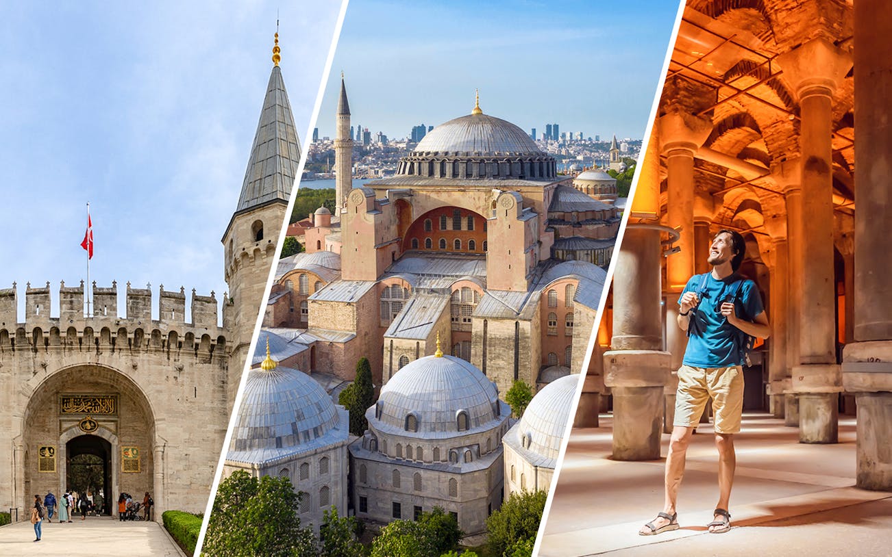 Topkapi Palace entrance, Hagia Sophia dome, and visitor in Basilica Cistern, Istanbul.