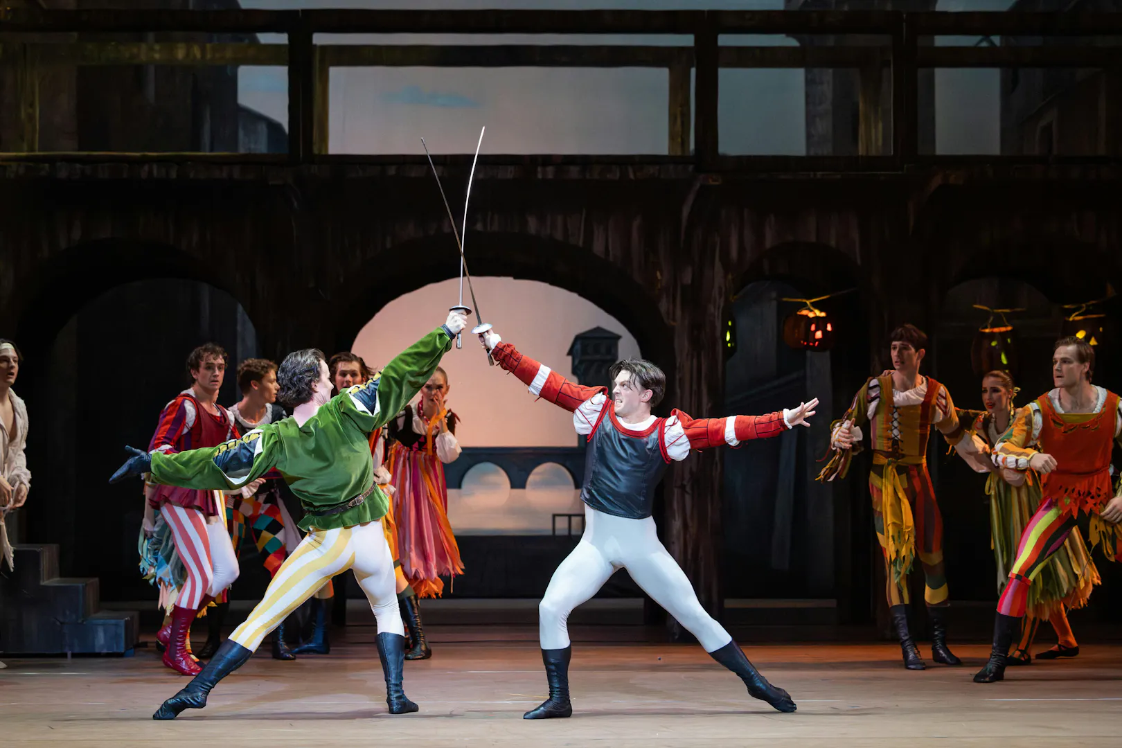 Dancers performing a sword fight scene in Australian Ballet's Romeo and Juliet.