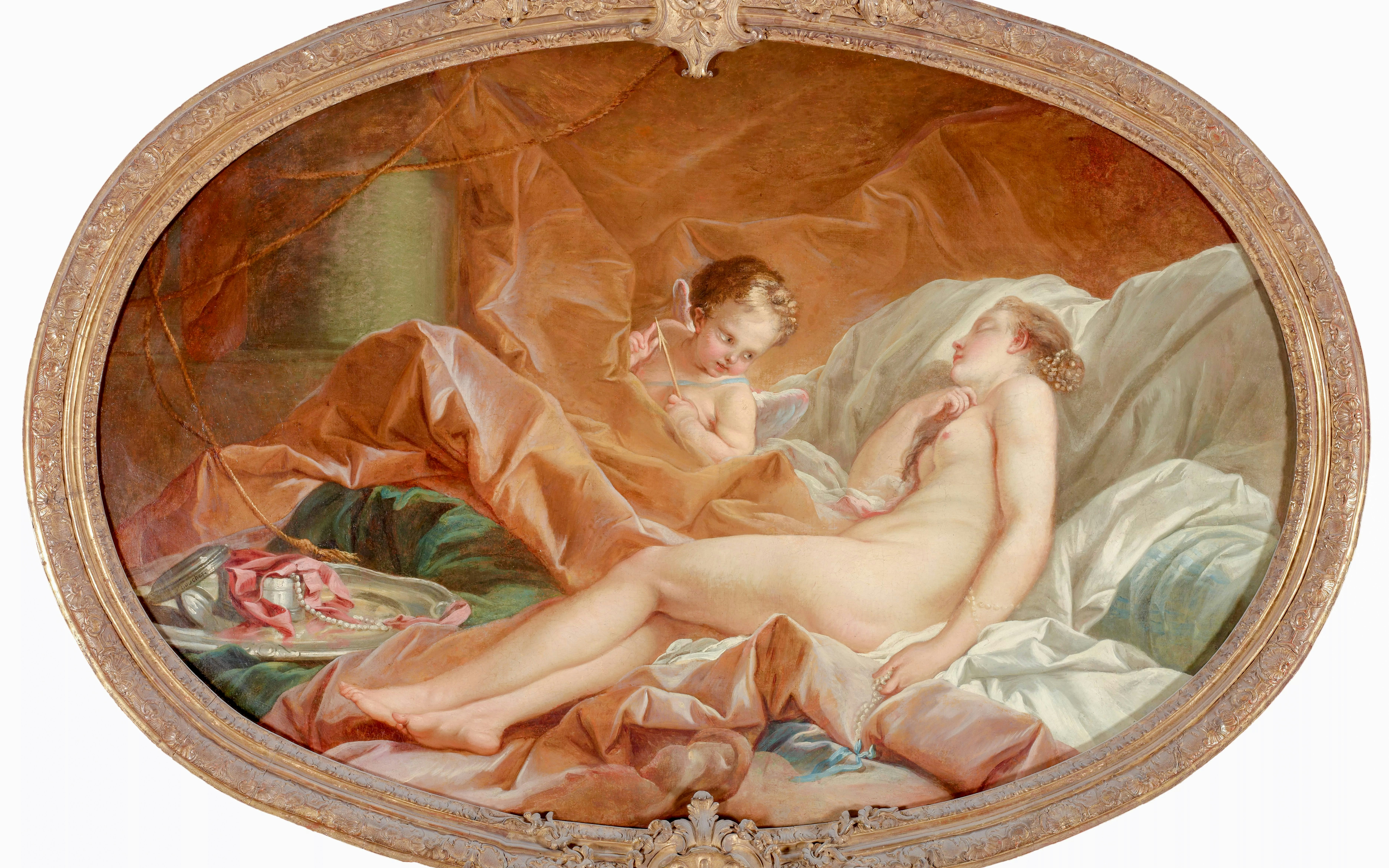 Venus reclining with a cherub in "The Toilette and Sleep of Venus" by François Boucher, Jacquemart André Museum.