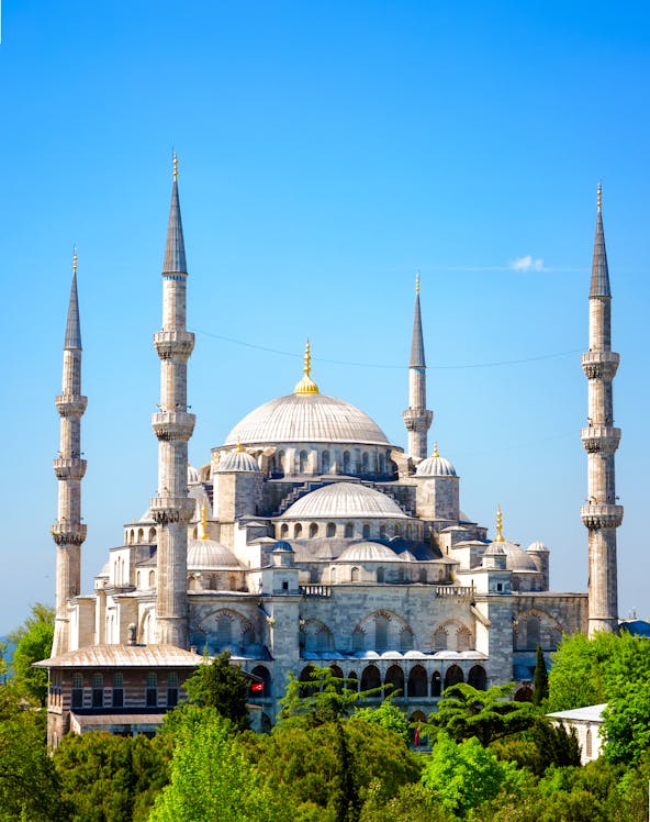 Blue Mosque with minarets in Istanbul, Turkey, surrounded by greenery.