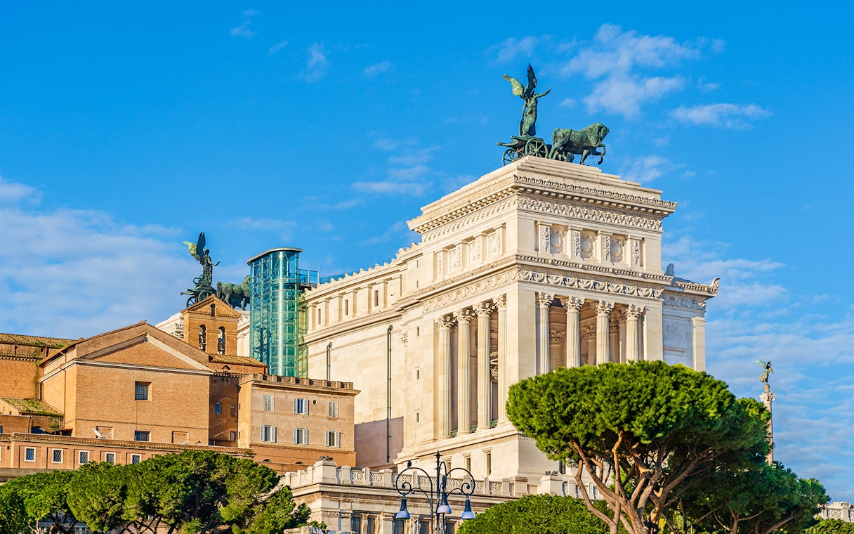 Altare della Patria with glass elevator in Rome, Italy.