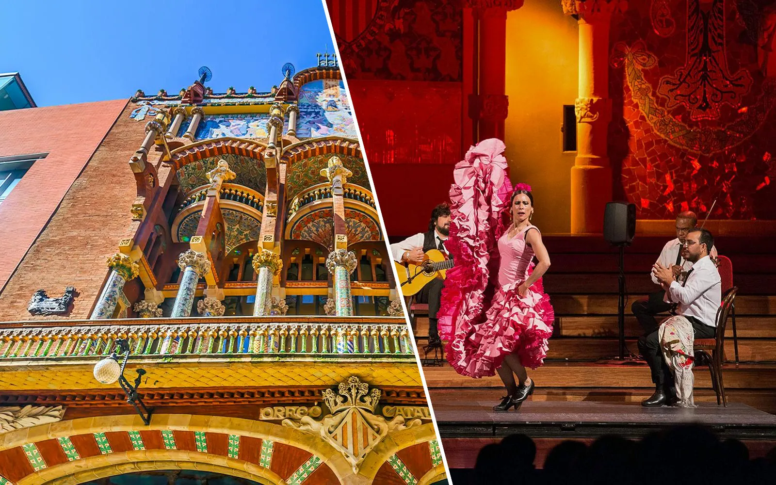 Palau de la Música Catalana facade and flamenco performance in Barcelona.