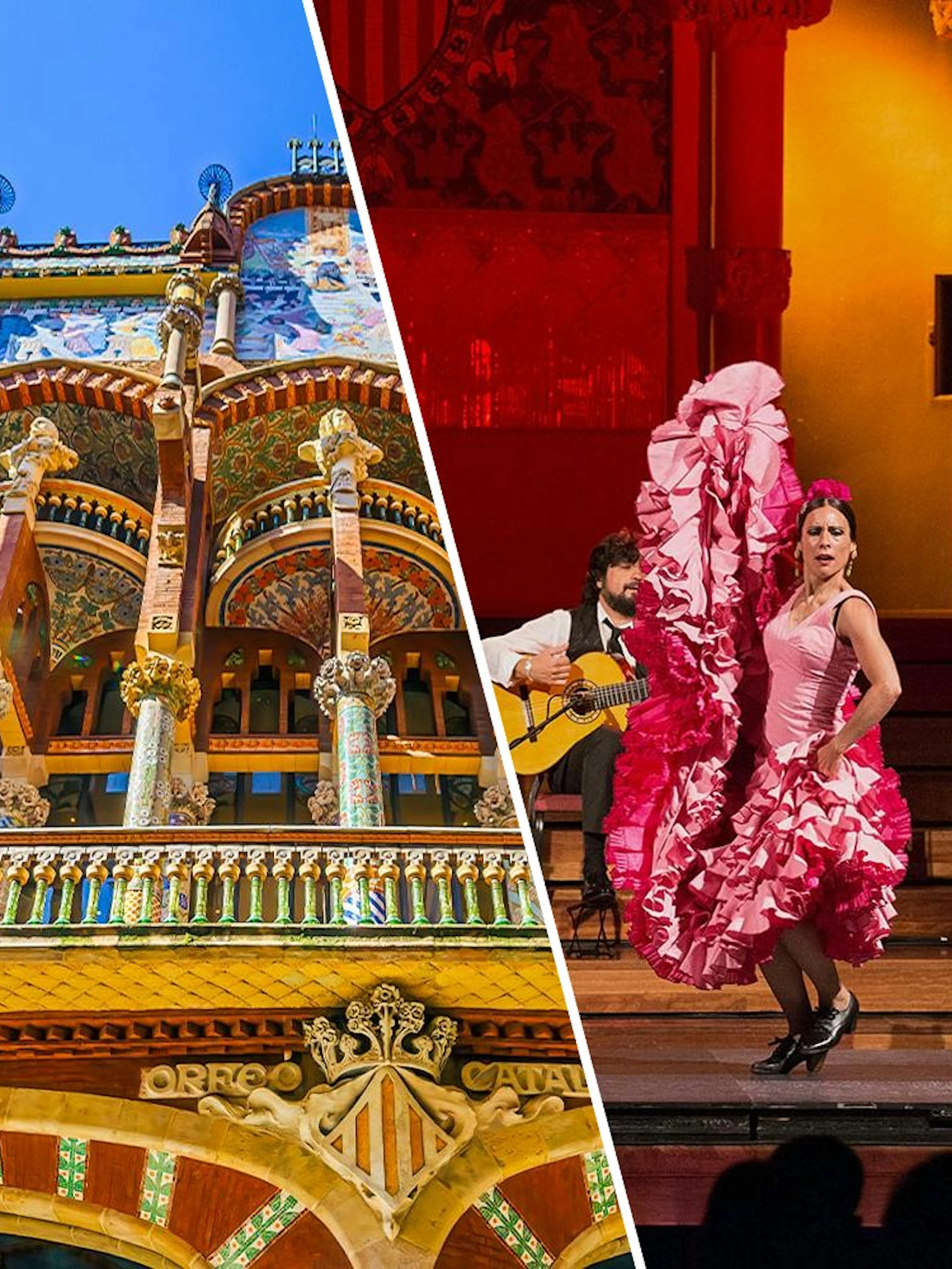 Palau de la Música Catalana facade and flamenco performance in Barcelona.
