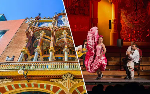 Palau de la Música Catalana facade and flamenco performance in Barcelona.