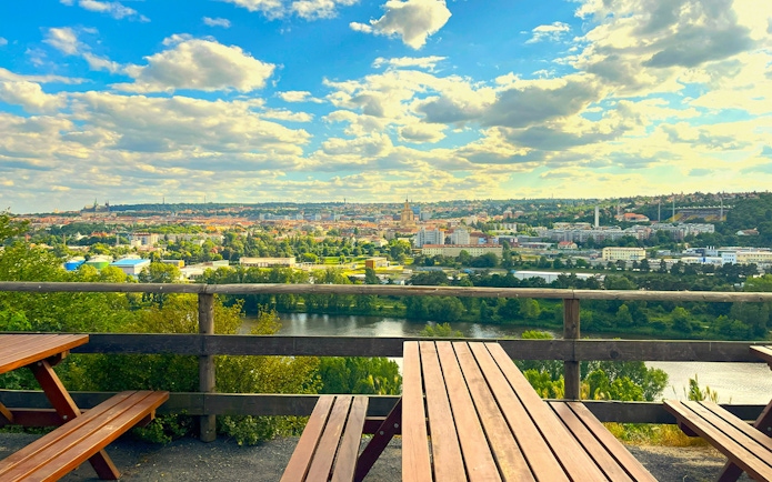 View of Prague cityscape from a picnic area near Prague Zoo.
