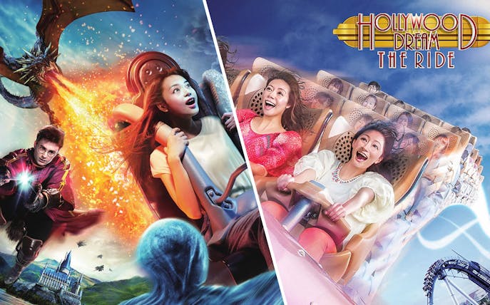 Universal Studios Japan rides with dragon and roller coaster excitement.