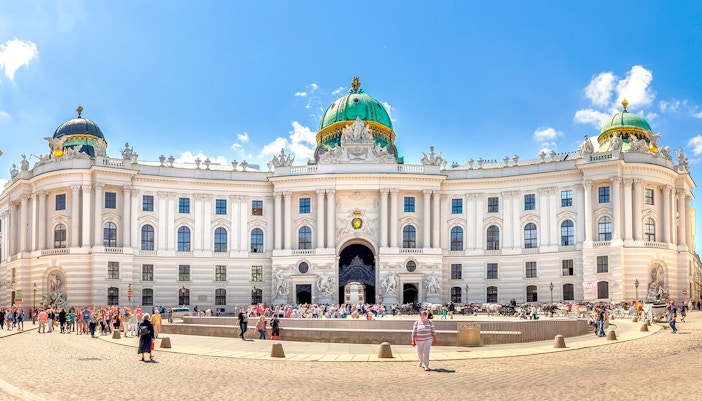 Hofburg Palace exterior with tourists, Vienna, near Sisi Museum.