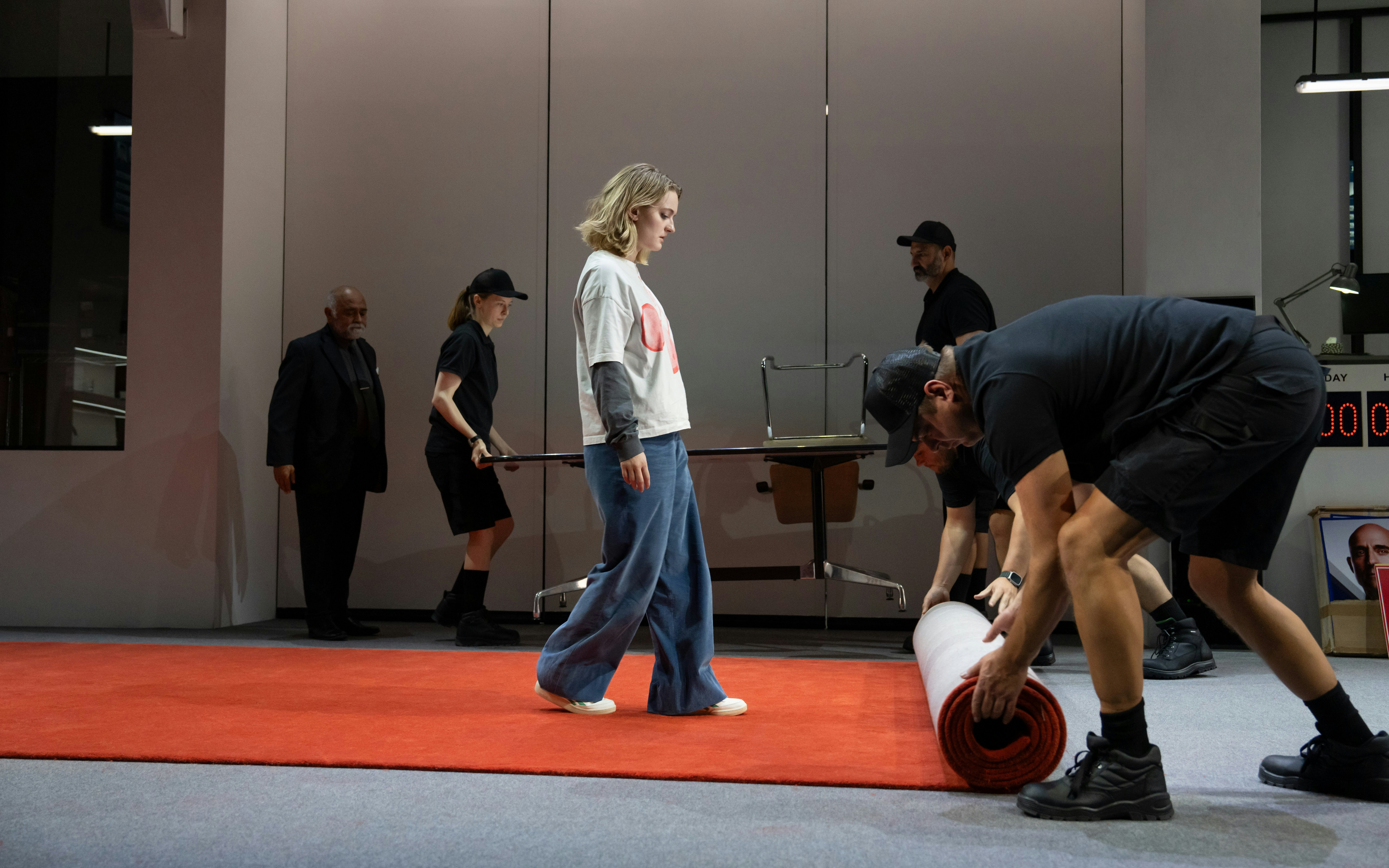 Stage crew setting up for Oedipus Broadway show performance.