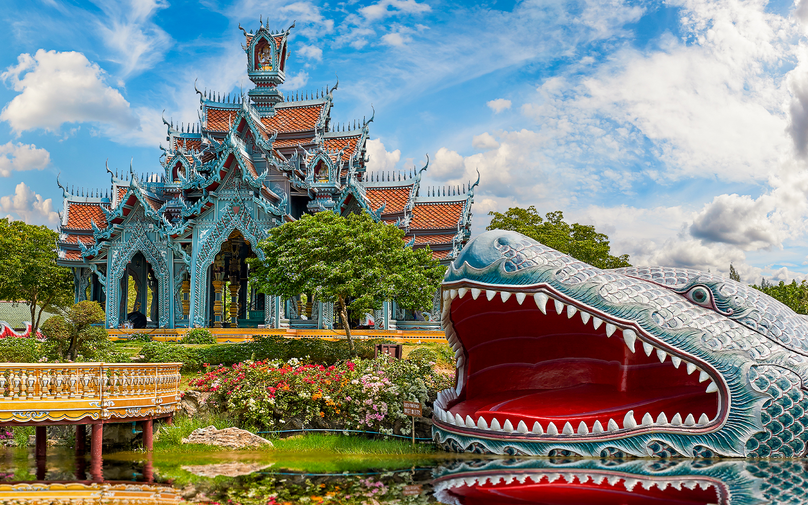 Sumeru Mountain Palace with ornate architecture and dragon sculpture in Ancient Siam.