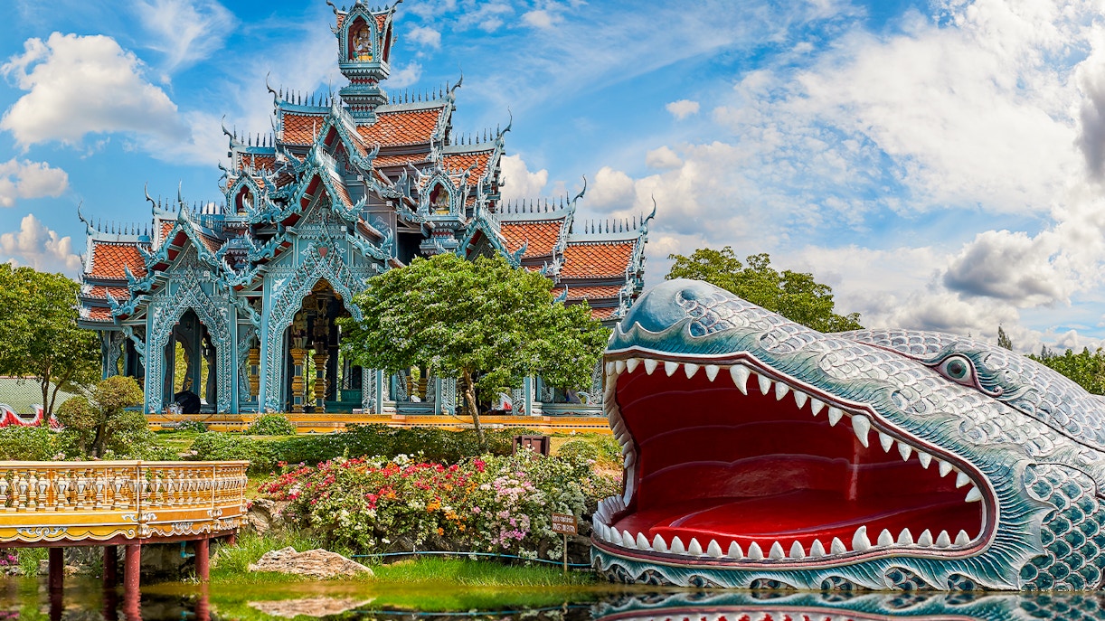 Sumeru Mountain Palace with ornate architecture and dragon sculpture in Ancient Siam.