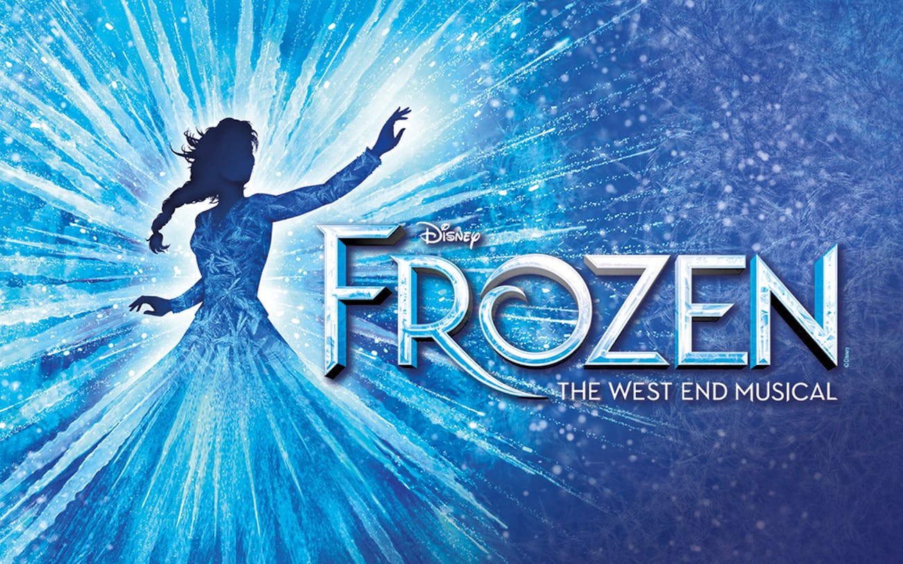 Frozen The Musical poster with silhouette of a woman in a blue dress and icy background
