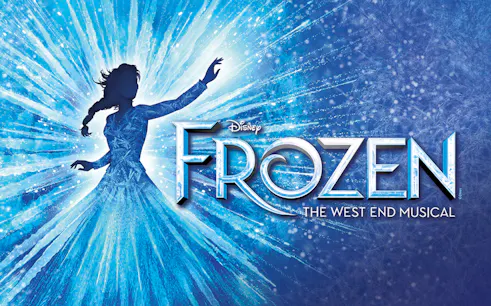 Frozen The Musical poster with silhouette of a woman in a blue dress and icy background