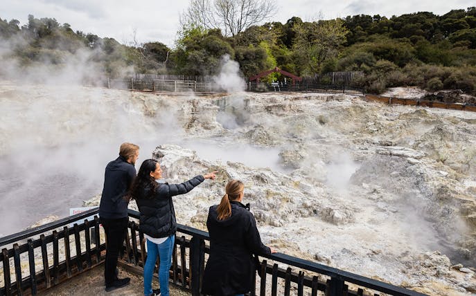 Tourists observing geothermal steam at Hells Gate Geothermal Walk.