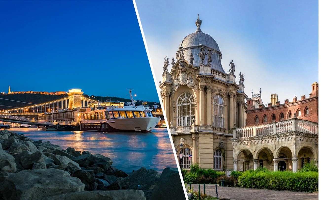 Danube River cruise at night and Vajdahunyad Castle Museum in Budapest.
