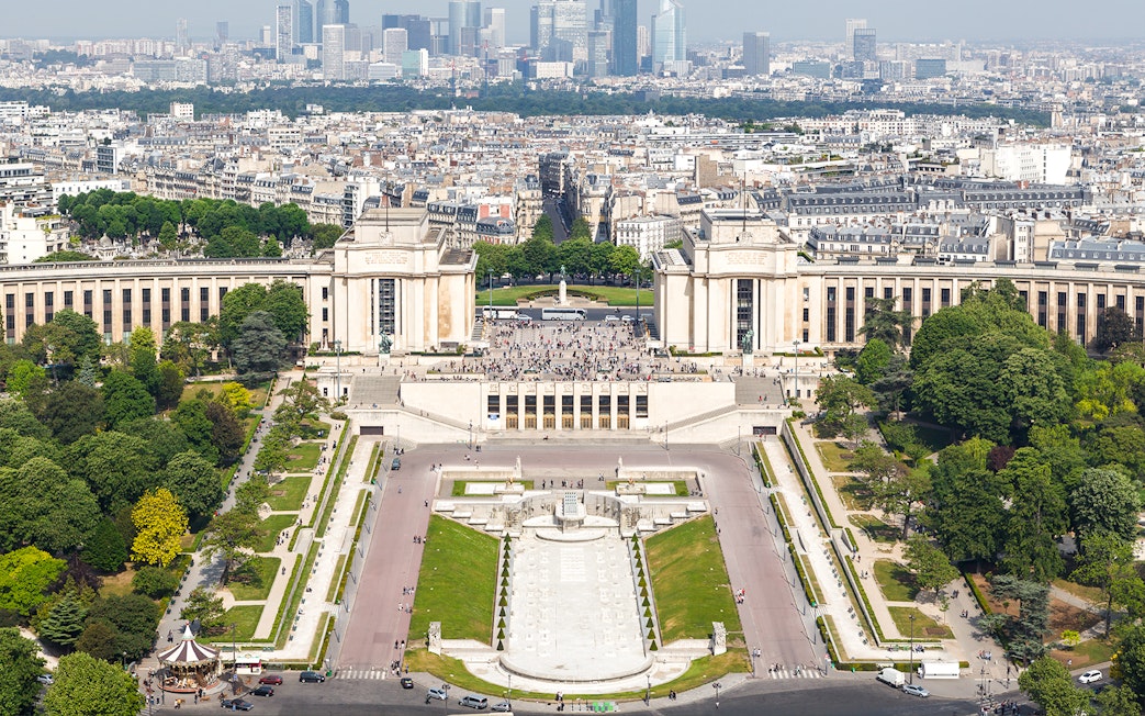 View of Trocadéro Gardens and Palais de Chaillot from the Eiffel Tower, Paris.