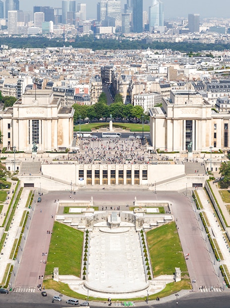 View of Trocadéro Gardens and Palais de Chaillot from the Eiffel Tower, Paris.