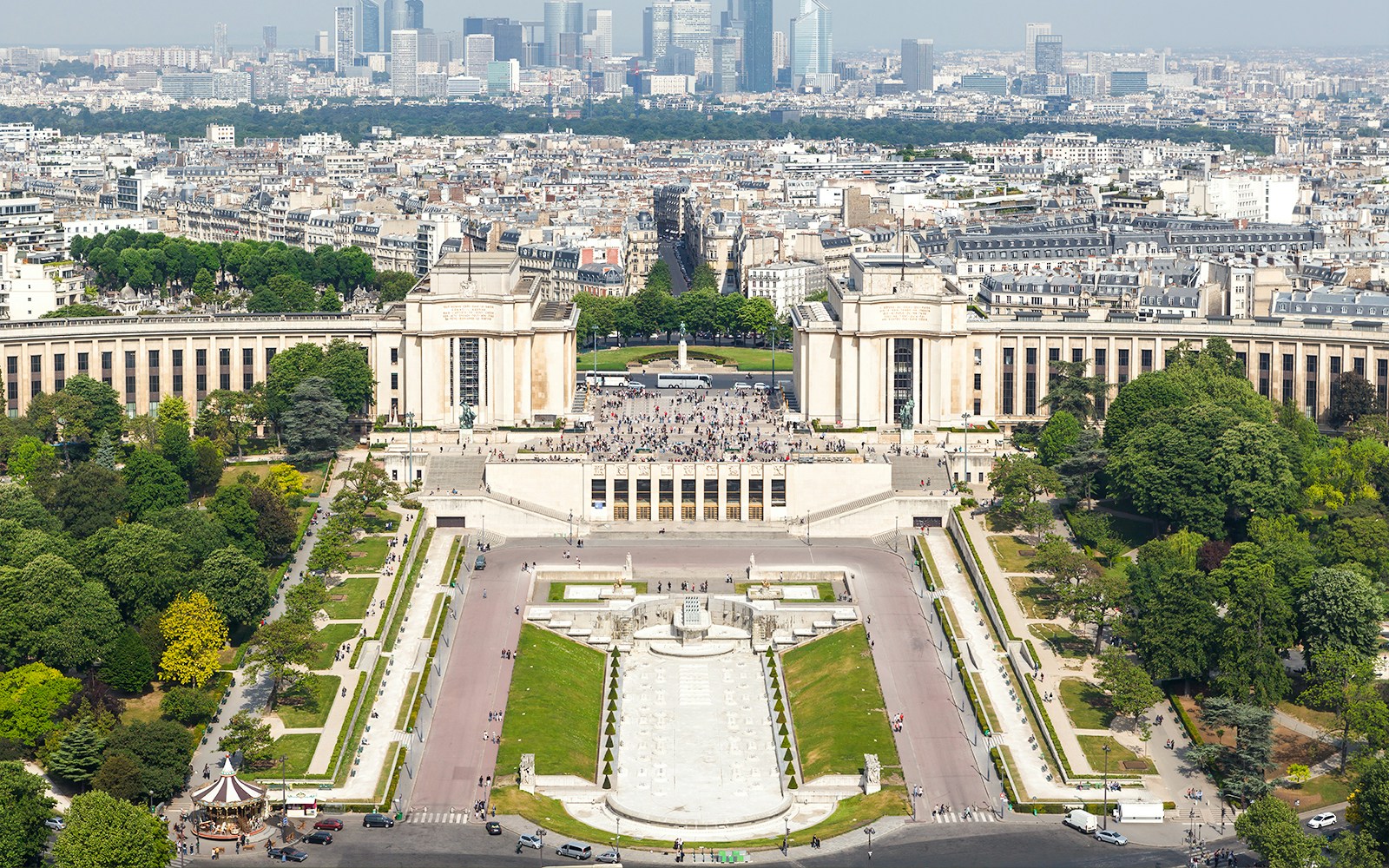 View of Trocadéro Gardens and Palais de Chaillot from the Eiffel Tower, Paris.