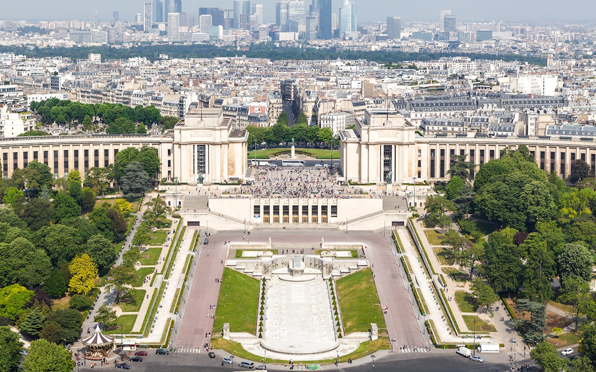 View of Trocadéro Gardens and Palais de Chaillot from the Eiffel Tower, Paris.