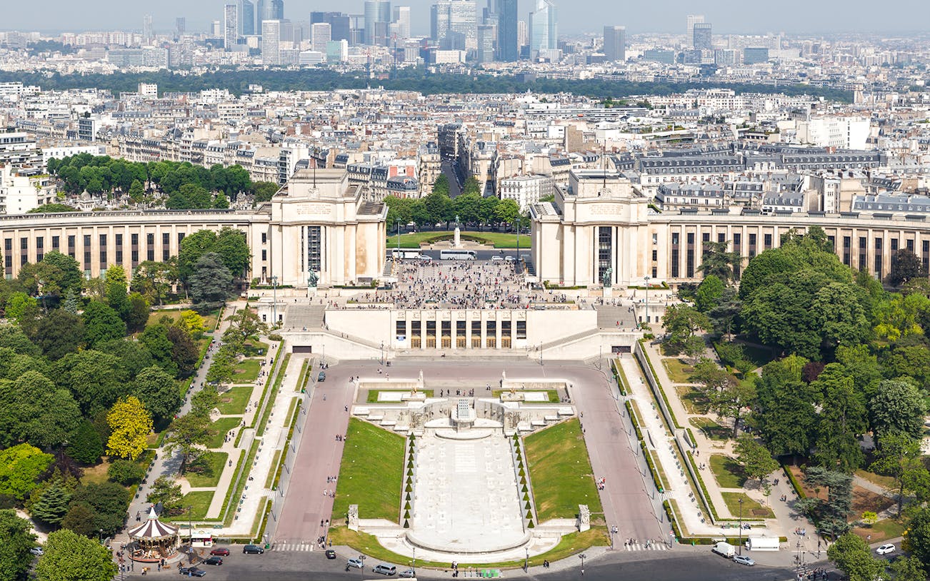 View of Trocadéro Gardens and Palais de Chaillot from the Eiffel Tower, Paris.