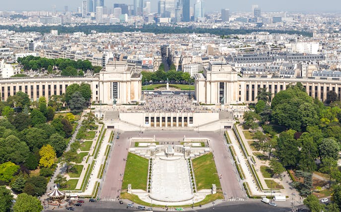 View of Trocadéro Gardens and Palais de Chaillot from the Eiffel Tower, Paris.