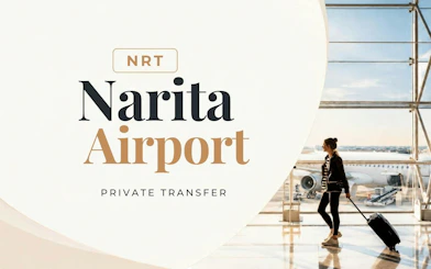 Narita Airport private transfer service with traveler and airplane in background, Tokyo.