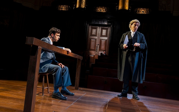 Stage scene from "Witness for the Prosecution" in West End courtroom setting.