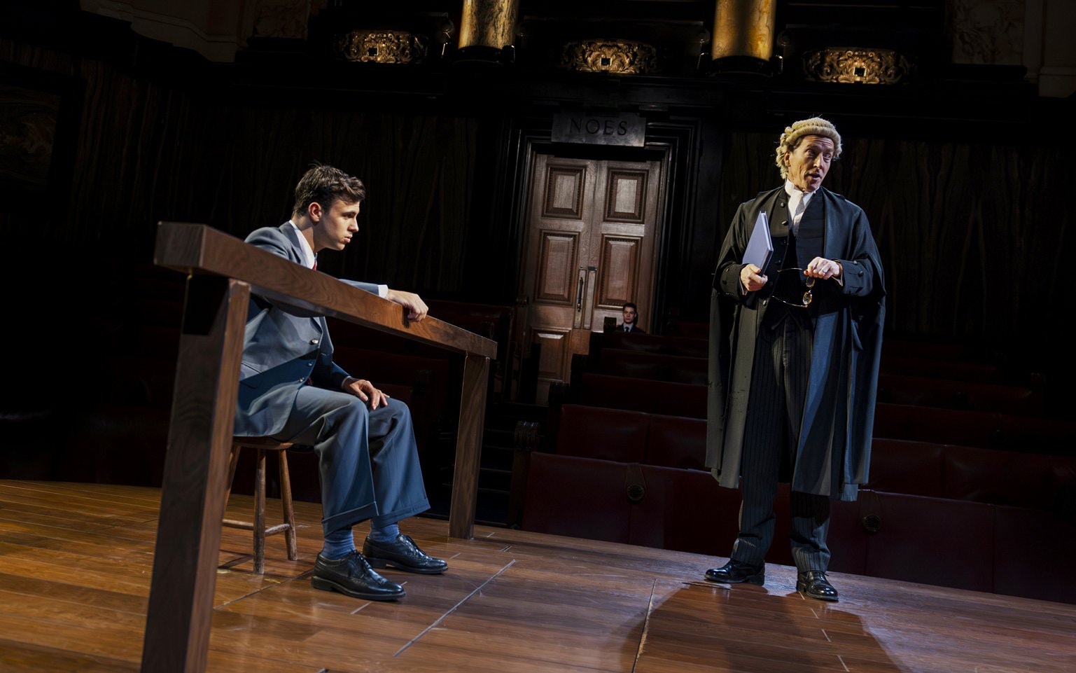 Stage scene from "Witness for the Prosecution" in West End courtroom setting.