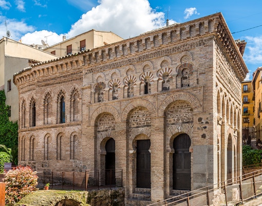 Mosque of Cristo de la Luz Chapel in Toledo with intricate brickwork and horseshoe arches