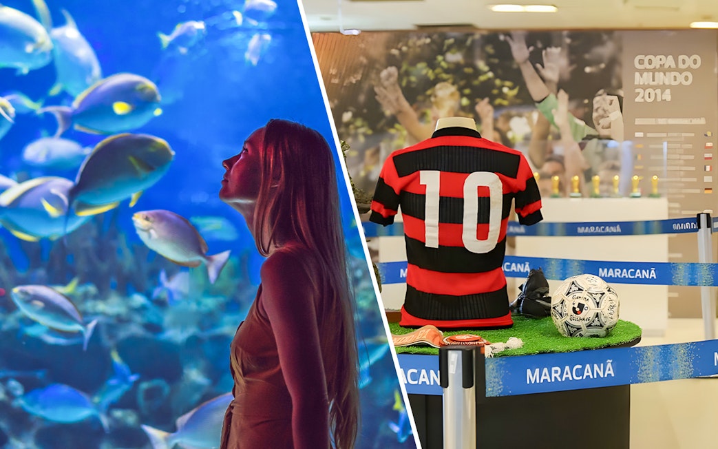 Aquario visitor observing fish; Maracana stadium exhibit with football jersey and ball.