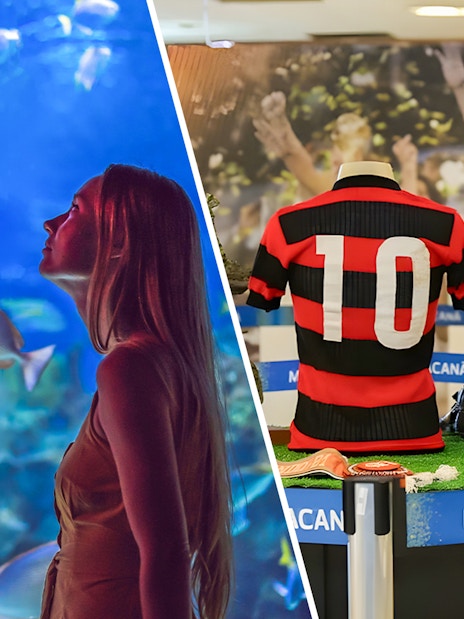 Aquario visitor observing fish; Maracana stadium exhibit with football jersey and ball.