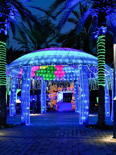 Illuminated pavilion and palm trees at Glow Garden, Dubai.