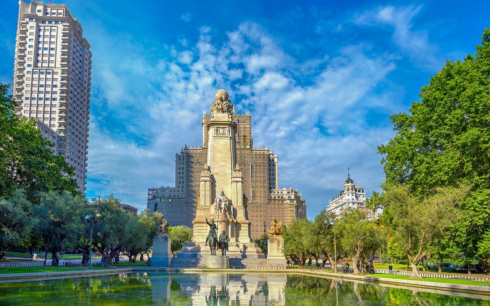 Plaza de Espana Madrid Spain with iconic Cervantes Monument and surrounding architecture