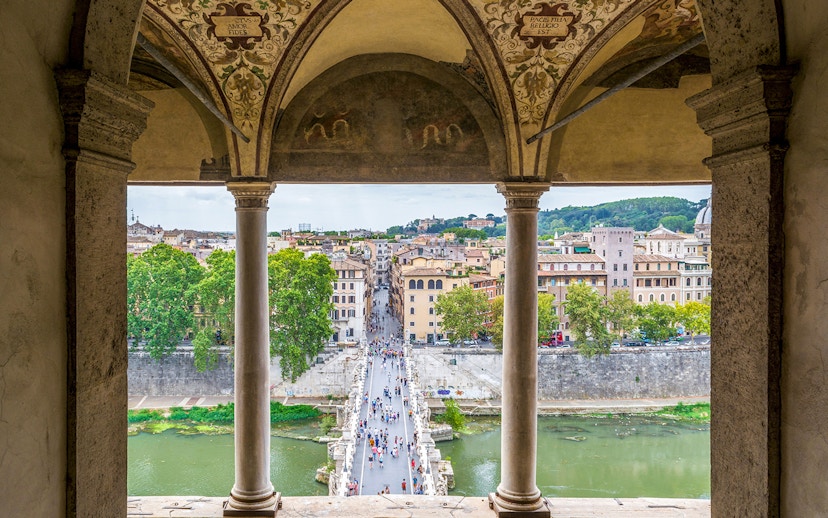 View of Rome from Castel Sant'Angelo, overlooking the Tiber River and cityscape.