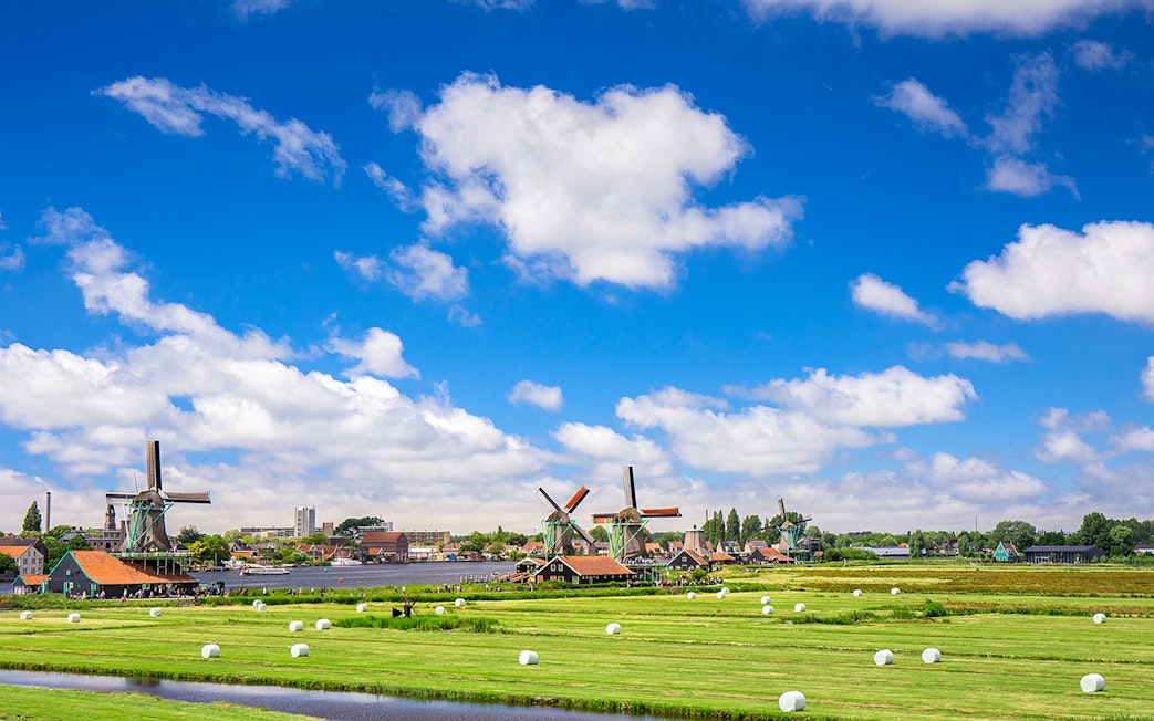 Windmills at Zaanse Schans with green fields and blue sky in the Netherlands.