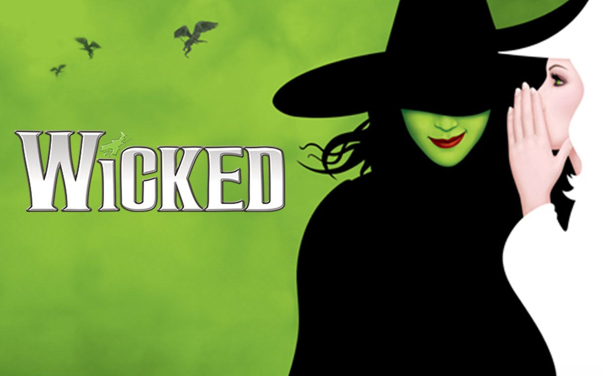 Wicked musical poster with green witch and whispering figure
