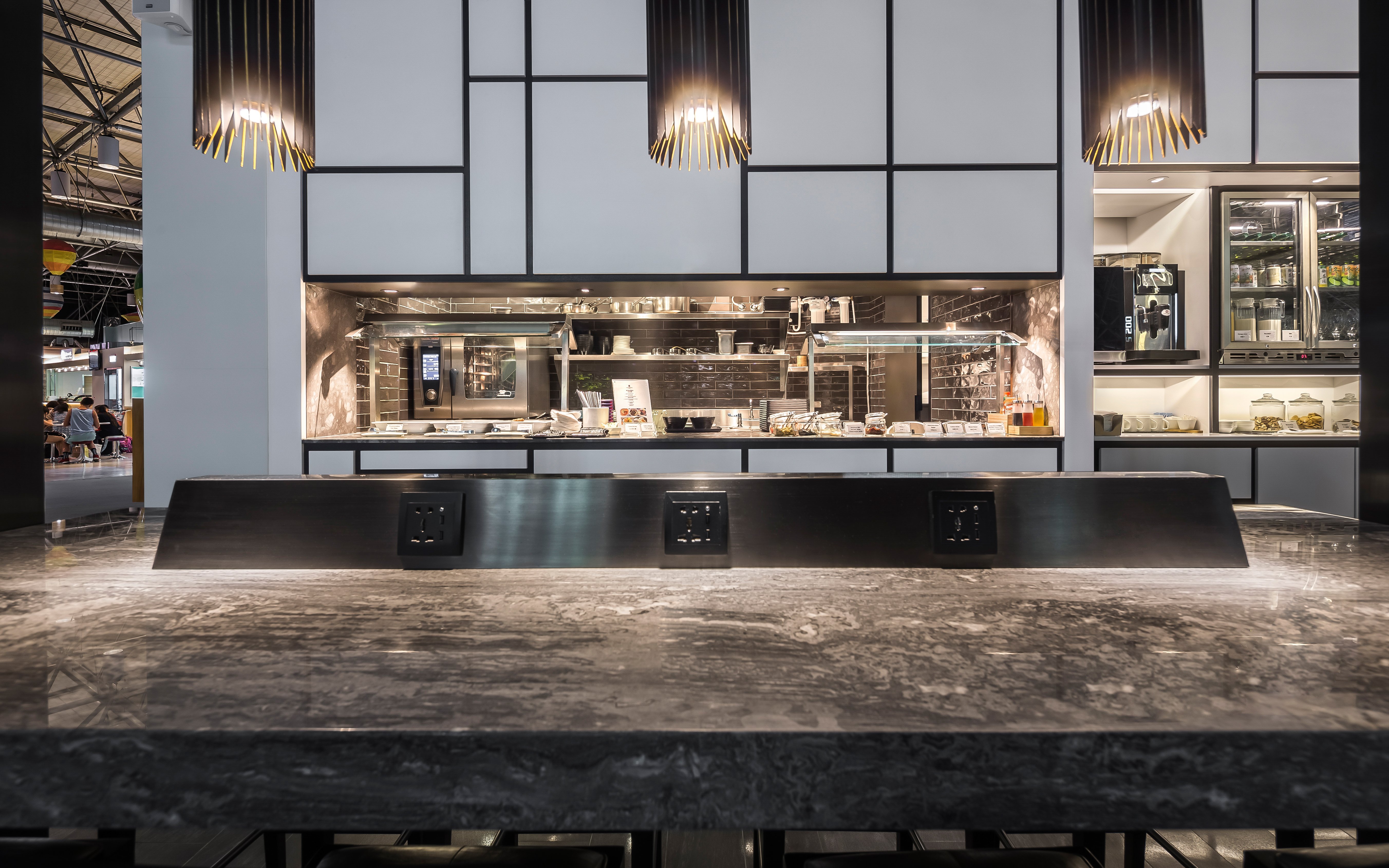 Plaza Premium Lounge dining area with buffet setup, Zone A1, Taipei, Taiwan.