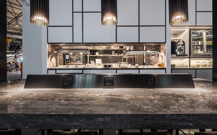 Plaza Premium Lounge dining area with buffet setup, Zone A1, Taipei, Taiwan.