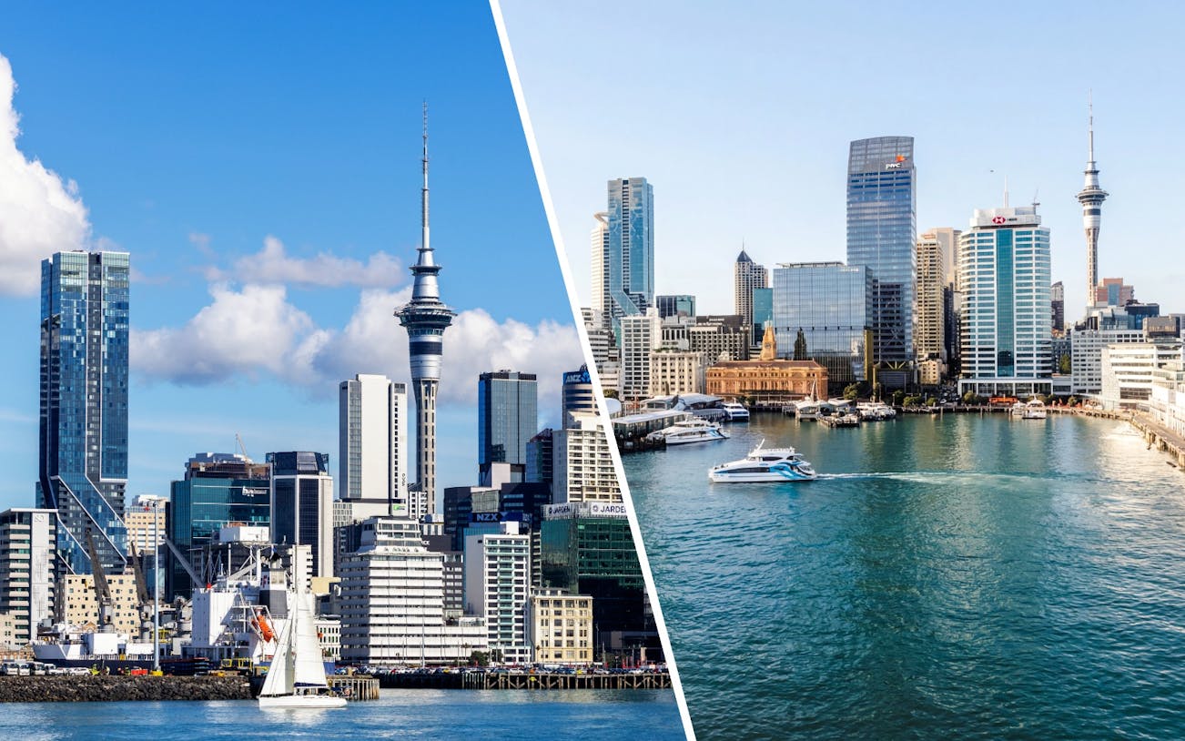 Auckland skyline with Sky Tower and boats in the harbor during a scenic sightseeing cruise.