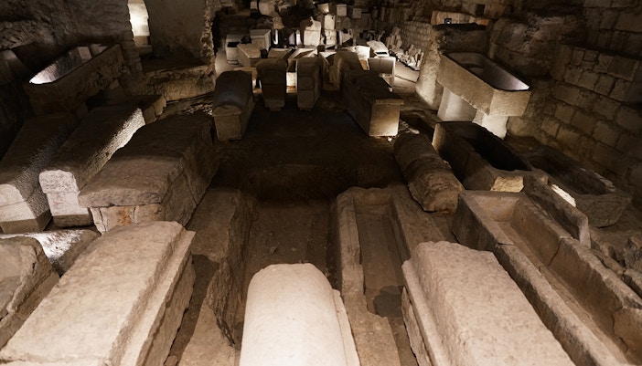 Crypt of the Bourbons in Basilica of Saint Denis, Paris, showcasing historic royal tombs.