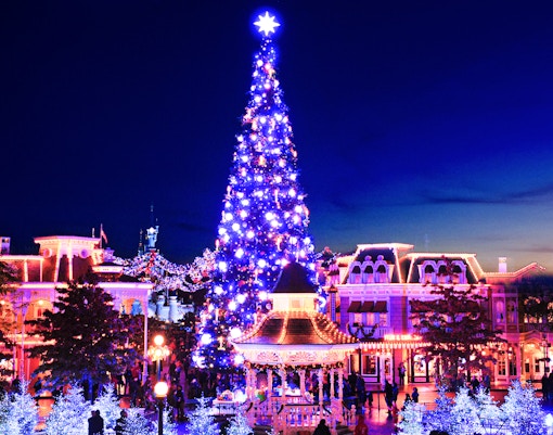 Disneyland Paris Christmas tree lighting ceremony with festive decorations.
