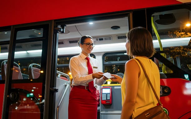 Tour guide handing ticket to tourist at bus entrance.