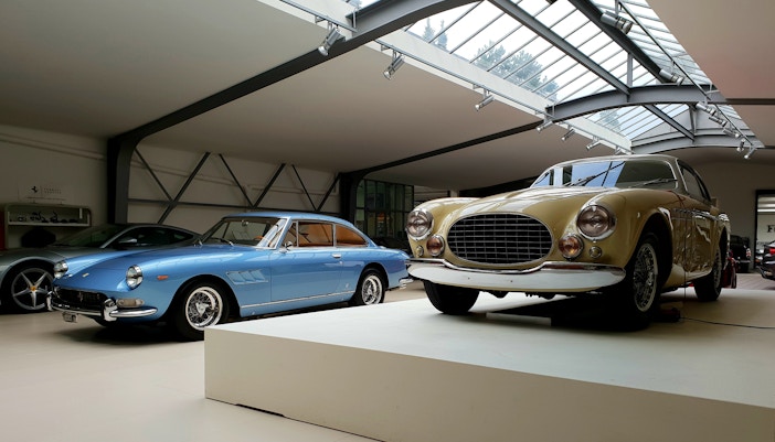 Classic cars displayed at the Lamborghini Museum in Italy.