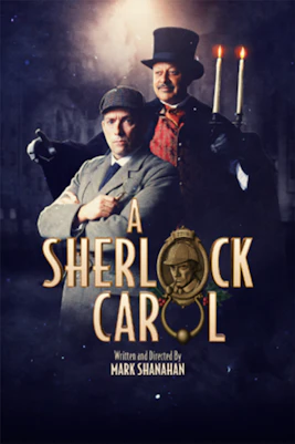 Sherlock Holmes and Ebenezer Scrooge in Victorian London scene from "A Sherlock Carol" play.